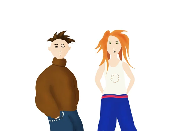 Teenager Paar Junge und Mädchen Zeichnung in lässiger Kleidung auf weißem Hintergrund — Stockfoto