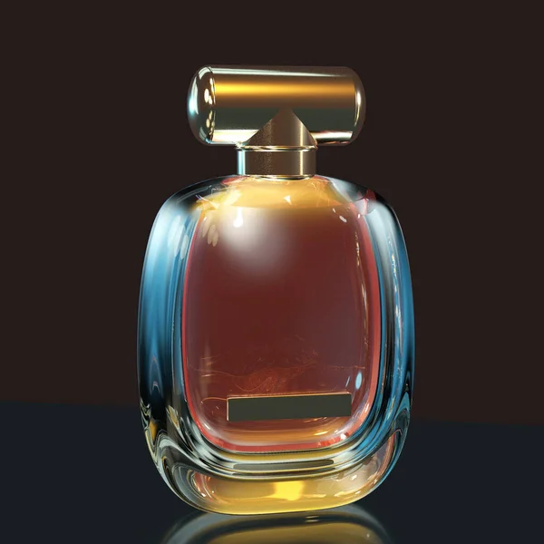 3D ilustracja perfumy butelka pozostaje na szklanym stole z miejsca kopiowania na czarnym tle — Zdjęcie stockowe