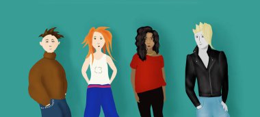 Genç kız ve oğlan mavi duvara resim çiziyor.