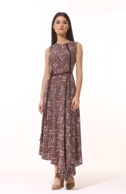 Hintli esmer iş kadını yönetici uzun kahverengi kısa kollu elbise içinde tüm vücut uzunluğu beyaz üzerinde izole