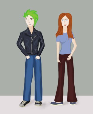  Deri ceketli genç kızıl saçlı kız ve oğlan gri arka planda izole bir şekilde çiziyorlar.