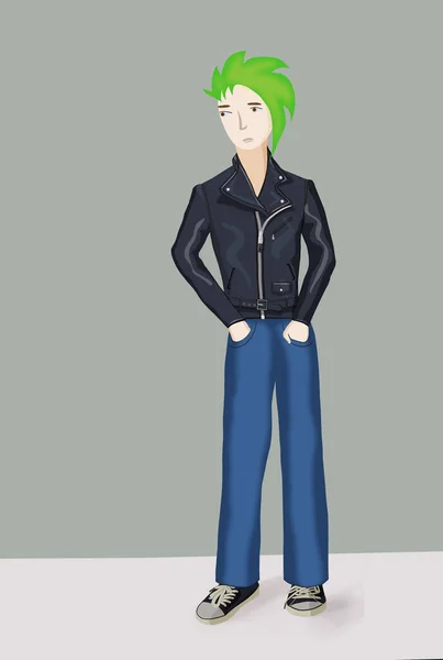 punk teenager boy in leather jacket drawing isolated on gray background with copyspace