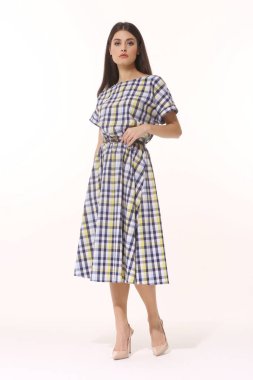 Kareli kısa kollu yaz elbisesi içinde poz veren Hintli iş kadını yönetici. Tüm vücut uzunluğu beyaza izole edilmiş.