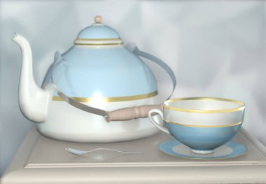 Yandaki masada çay ısıtıcısında fotokopi alanı ve çay fincanı var.