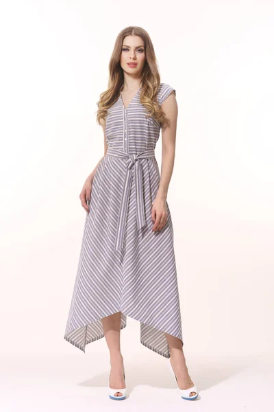Business Woman Executive Posing Summer Casual Print Maxi Dress Full — Stock Photo, Image
