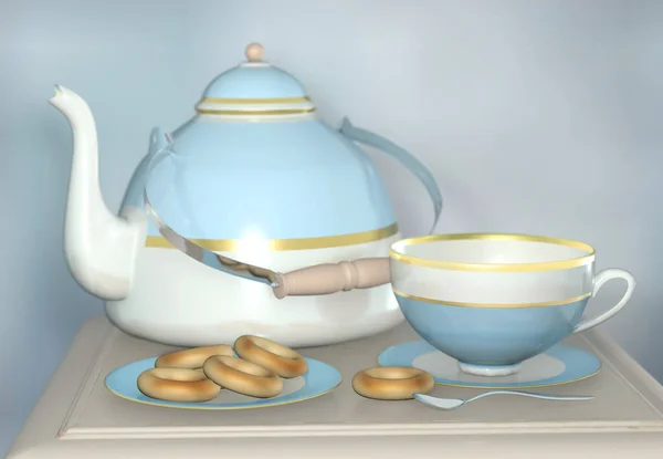 3d illustration of tea kettle on the beside table with copy space and tea cup and bagel cookies