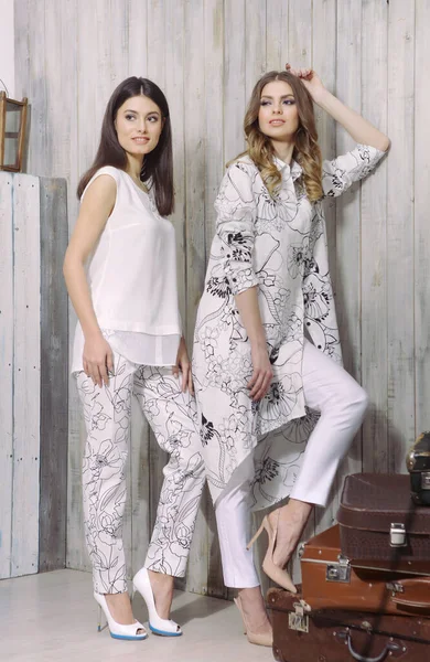 Dwa młody model dziewczyny zdjęcie w lecie casual ubrania pełne ciało zdjęcie — Zdjęcie stockowe
