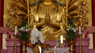 Japonya 'da Tera denilen tapınak ve tapınak manzarasında altın bir Buda heykeli var.
