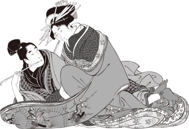 Ukiyo-e Erkek ve Kadın 3 Siyah ve Beyaz