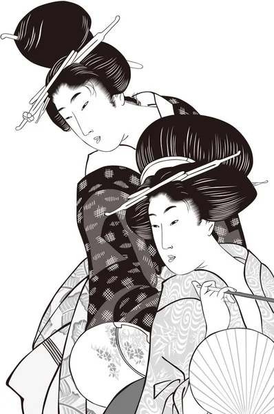 Ukiyo-e perempuan 34 hitam dan putih - Stok Vektor