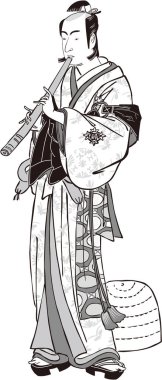 Shakuhachi oynayan genç adam siyah beyaz