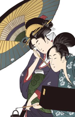 Geyşası ve Shamisen kutusu olan bir kadın gece yağmurda