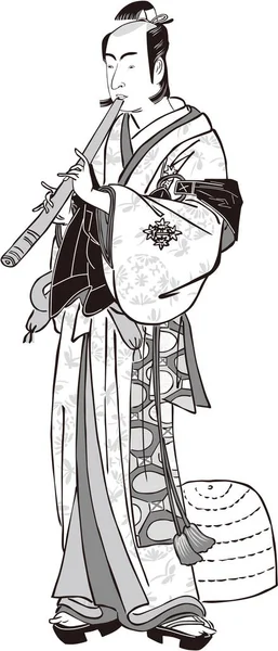 Young man playing shakuhachi black and white — Stock Vector
