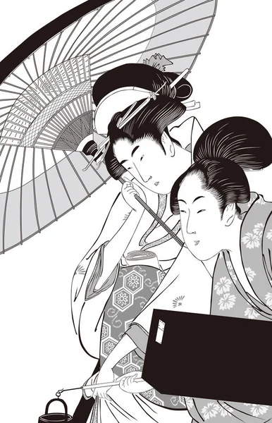 Wanita dengan geisha dan kotak shamisen dalam hujan di malam hari hitam dan putih - Stok Vektor