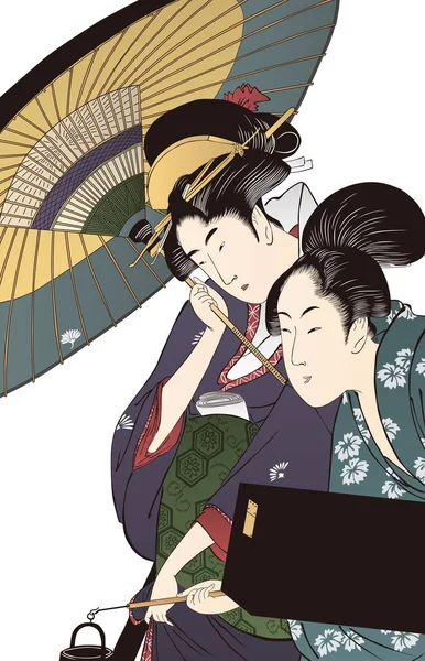 Geyşası ve Shamisen kutusu olan bir kadın gece yağmurda