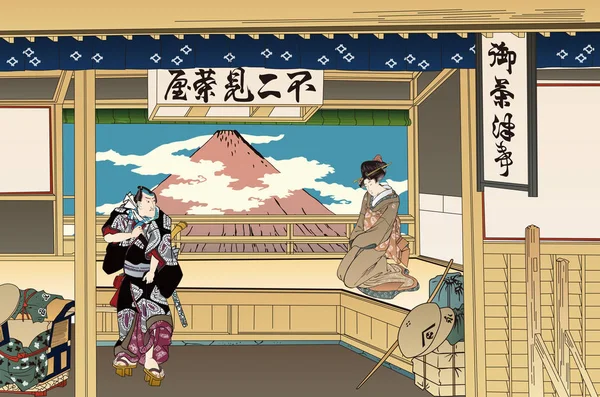 Edificio Ukiyo-e y Persona 1 — Vector de stock