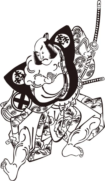 Ukiyo-e samurai 13 alb-negru — Vector de stoc