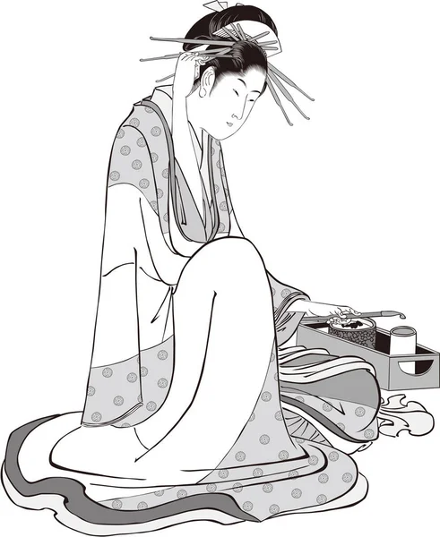 Ukiyo-e mujeres 58 blanco y negro — Vector de stock