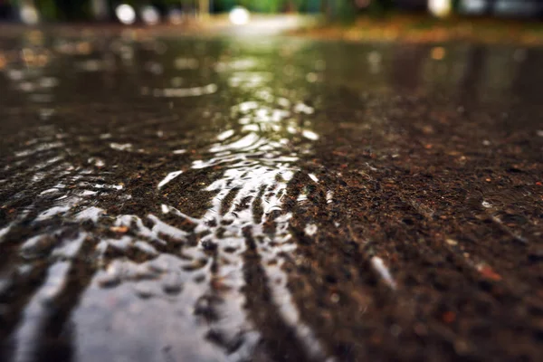 Close Uma Grande Poça Durante Chuva Superfície Água Salpicos Queda — Fotografia de Stock