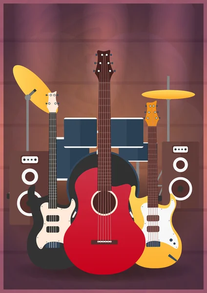 Müzik aletleri ile bir poster. Müzik stüdyosu. Gitar. Düz tasarım. — Stok Vektör