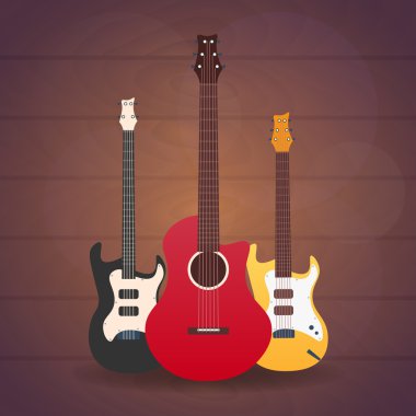 Müzik aletleri ile bir poster. Müzik stüdyosu. Gitar. Düz tasarım.