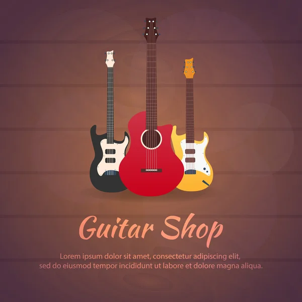 Affisch med musikinstrument. Gitarr butik. Platt design. — Stock vektor