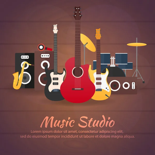 Cartaz com instrumentos musicais. Estúdio musical. Guitarra. Projeto plano . — Vetor de Stock