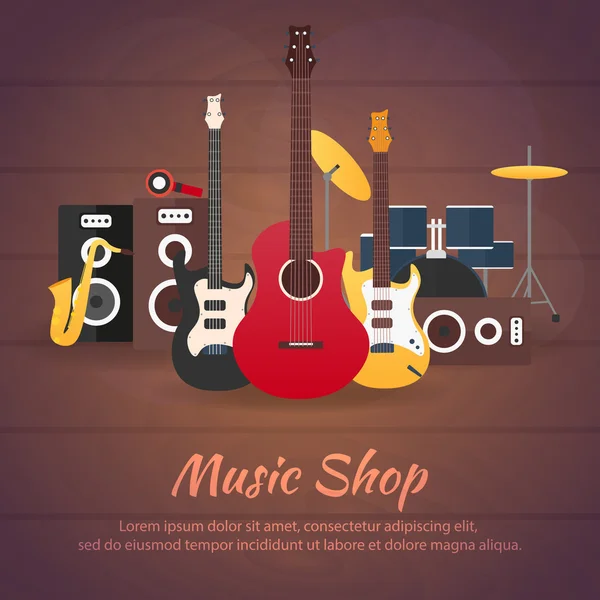 Affiche avec instruments de musique. Magasin de musique. Guitare. Conception plate . — Image vectorielle