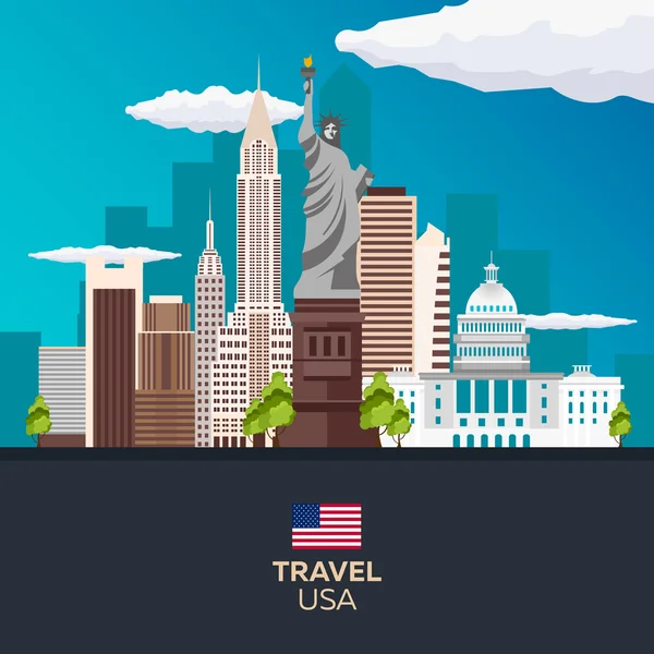 Reisen nach usa, new york poster skyline. Freiheitsstatue. Vektorillustration. — Stockvektor