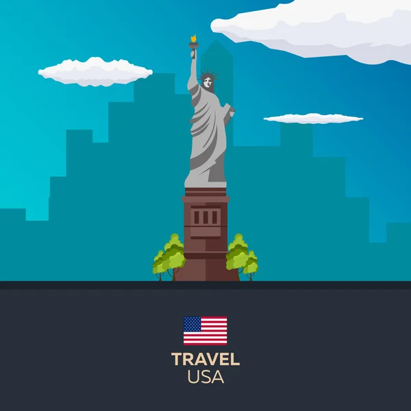 Путешествие в США, Нью-Йорк Плакат горизонта. Статуя Свободы. Векторная иллюстрация . — стоковый вектор