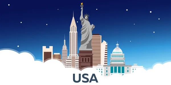 Viaje a EE.UU., Nueva York Poster skyline. Estatua de la Libertad. Ilustración vectorial . — Archivo Imágenes Vectoriales