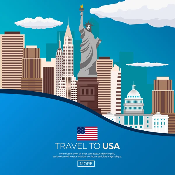 Viaje a EE.UU., Nueva York Poster skyline. Estatua de la Libertad. Ilustración vectorial . — Vector de stock