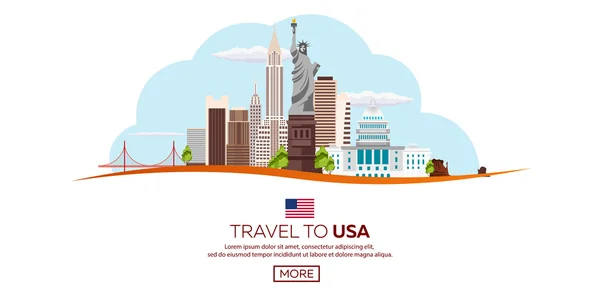Viaje a EE.UU., Nueva York Poster skyline. Estatua de la Libertad. Ilustración vectorial . — Vector de stock
