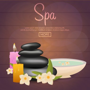 Spa salonu afiş taşlarla. Tay masajı. Ahşap doku. Vektör çizim