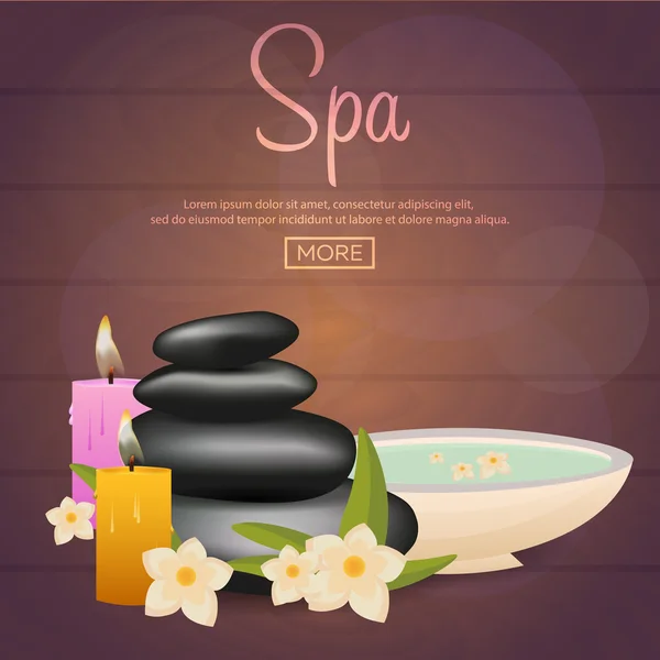 Spa salon banner with stones. Thai Massage. Wood texture. Vector illustration — Stock Vector