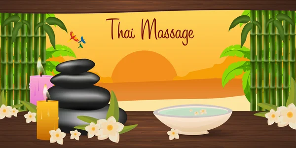 Spa salong banner med stenar. Thailändsk Massage. Trä textur. Vektorillustration — Stock vektor