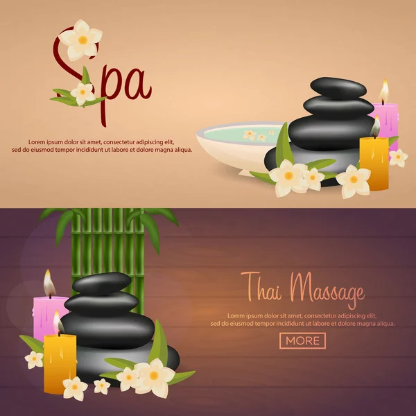 Spa salong banner med stenar och bambu. Thailändsk Massage. Trä textur. Vektorillustration — Stock vektor