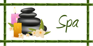 Spa salonu afiş taşlarla. Tay masajı. Ahşap doku. Vektör çizim