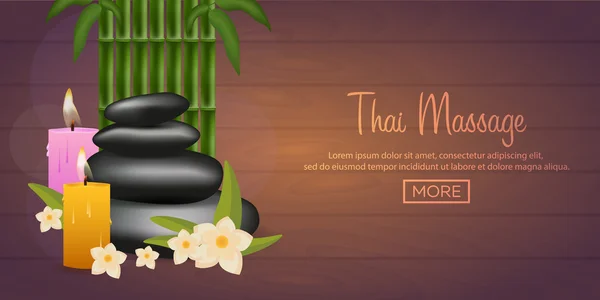 Spa salong banner med stenar och bambu. Thailändsk Massage. Trä textur. Vektorillustration — Stock vektor