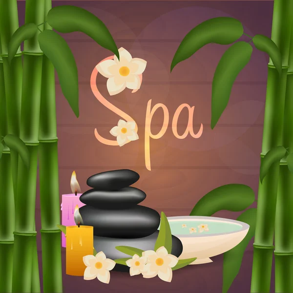 Spa salong banner med stenar och bambu. Thailändsk Massage. Trä textur. Vektorillustration — Stock vektor