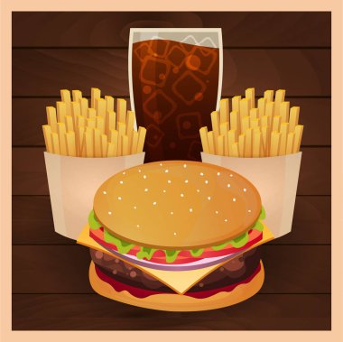 Öğle yemeği ile patates kızartması, hamburger ve soda paket servisi olan restoran izole arka plan üzerinde. Ahşap doku. Fast food. Vektör çizim.