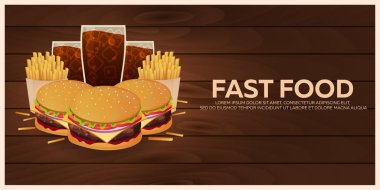 Öğle yemeği ile patates kızartması, hamburger ve soda paket servisi olan restoran izole arka plan üzerinde. Ahşap doku. Fast food. Vektör çizim.