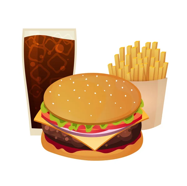 Pranzo con patatine fritte, hamburger e soda da asporto su sfondo isolato. Fast food. Illustrazione vettoriale . — Vettoriale Stock