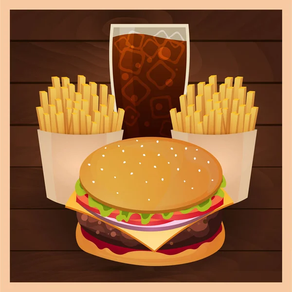 Pranzo con patatine fritte, hamburger e soda da asporto su sfondo isolato. Struttura del legno. Fast food. Illustrazione vettoriale . — Vettoriale Stock