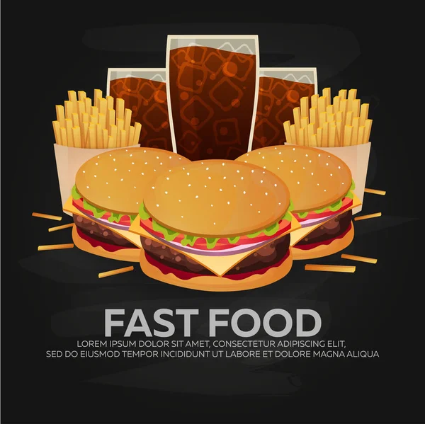 Almoço com batatas fritas, hambúrguer e refrigerante em fundo isolado. Comida rápida. Ilustração vetorial . — Vetor de Stock