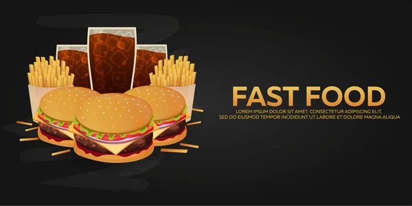 Déjeuner avec frites, hamburger et soda à emporter sur fond isolé. Restauration rapide. Illustration vectorielle . — Image vectorielle