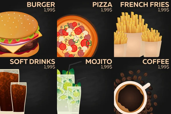 Menu de restaurante fast food. Hambúrguer, pizza, batatas fritas, refrigerante, mojito e café . — Vetor de Stock