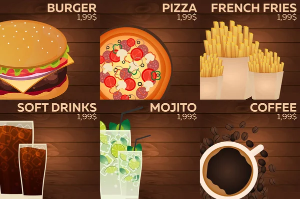 Menù ristorante fast food su fondo legno. Burger, pizza, patatine fritte, soda, mojito e caffè . — Vettoriale Stock