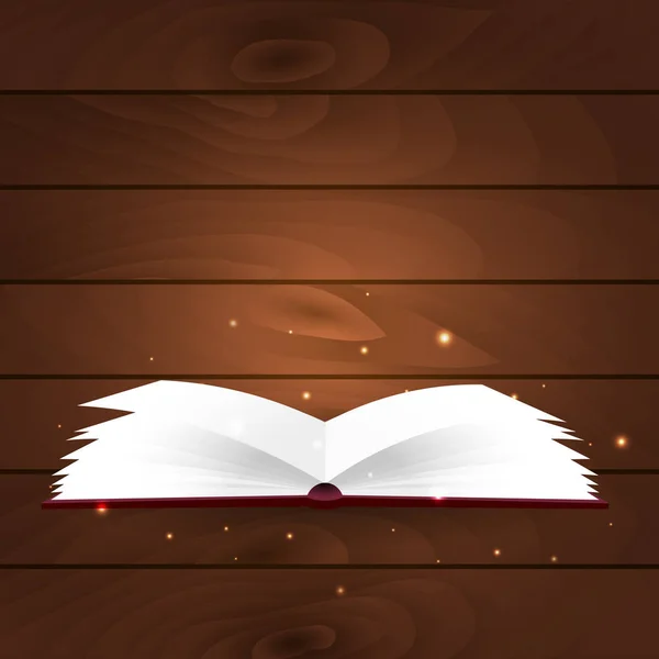 Cartaz do livro. Livro aberto com luz mística brilhante sobre fundo de madeira. Ilustração vetorial . — Vetor de Stock