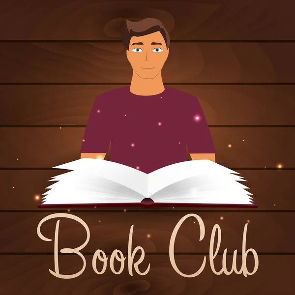 Club de lectura. Club de lectura. Libro abierto con luz mística brillante. Ilustración vectorial . — Vector de stock